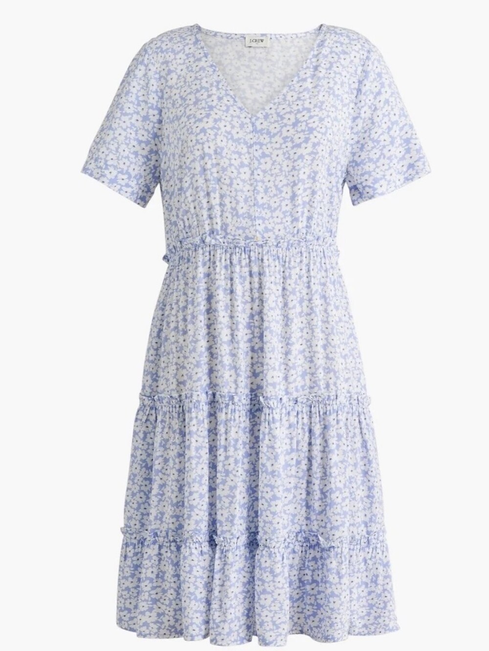 J. Crew V Neck Ruffle Tier Mini Dress in Powder Blue Ditsy Floral